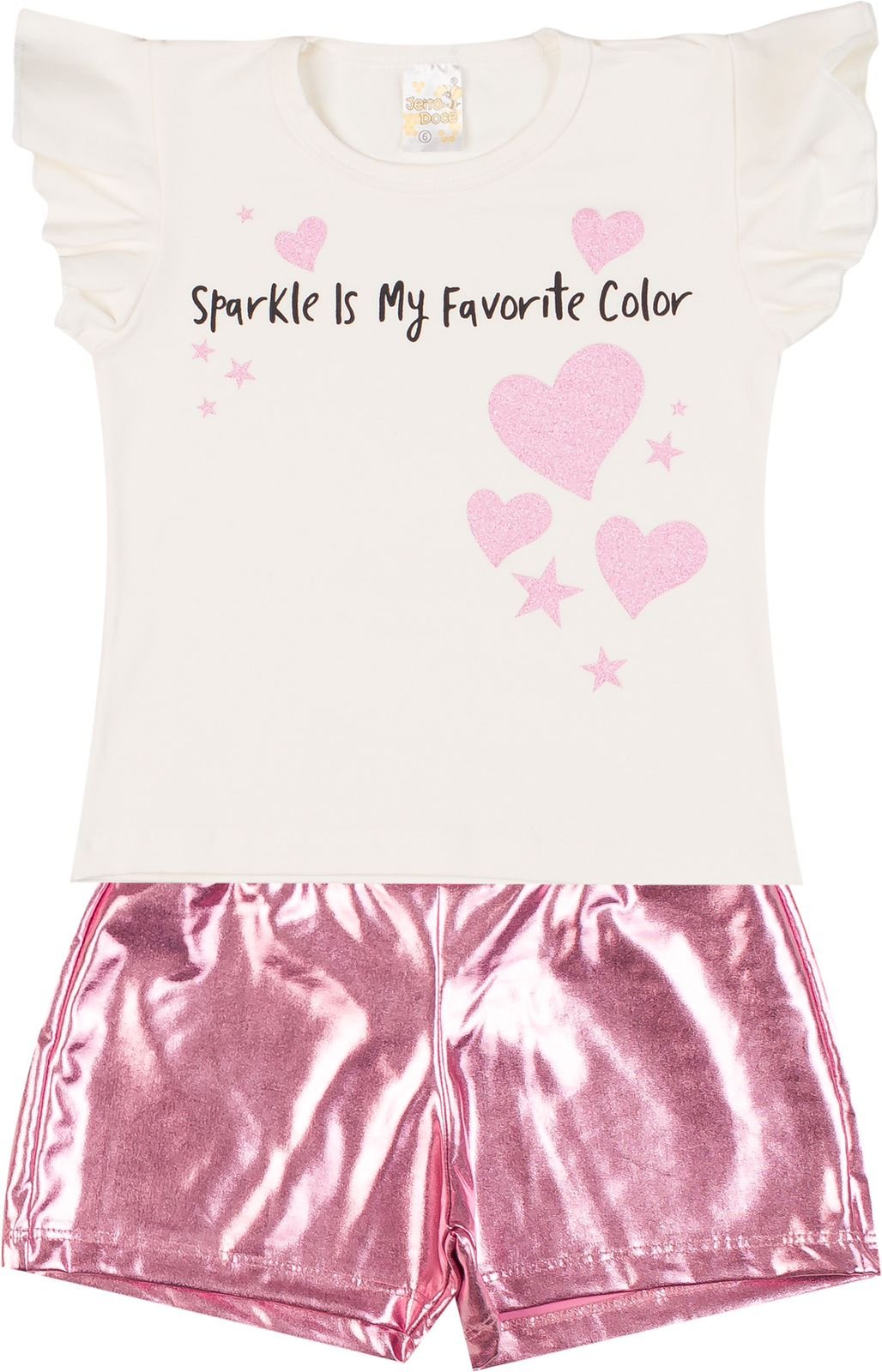 02 conjunto menina verao shorts brilho rosa
