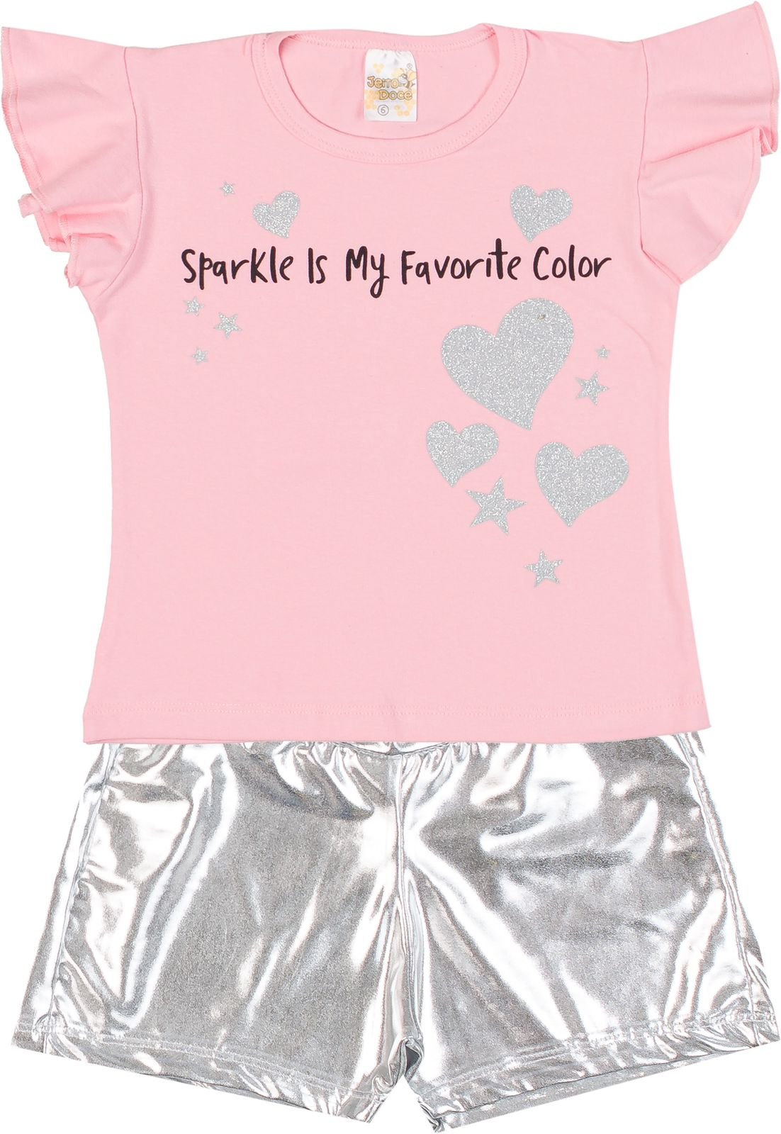 03 conjunto menina verao shorts brilho rosa