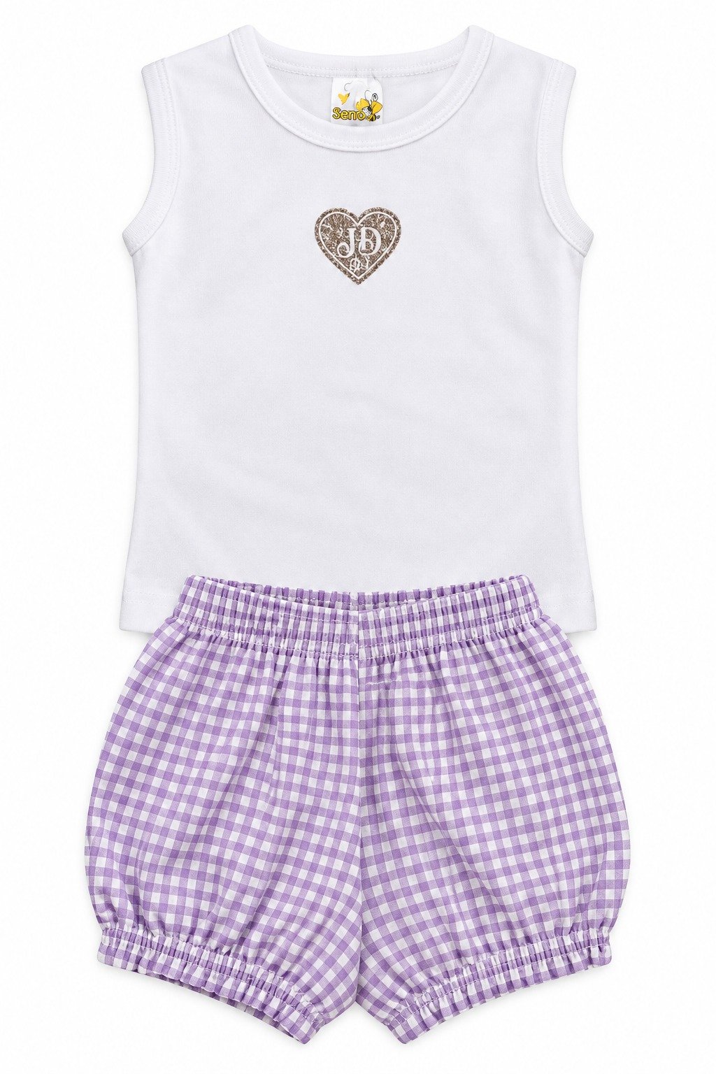 01 conjunto menina verao xadrez branco jd kids