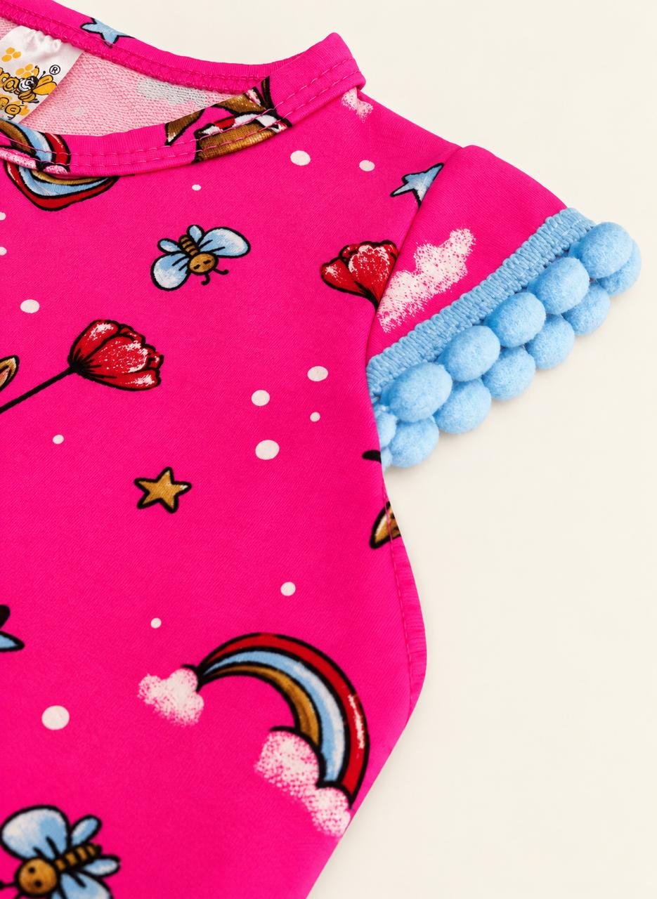 03 jardineira menina verao estampada raposa rosa neon jd kids