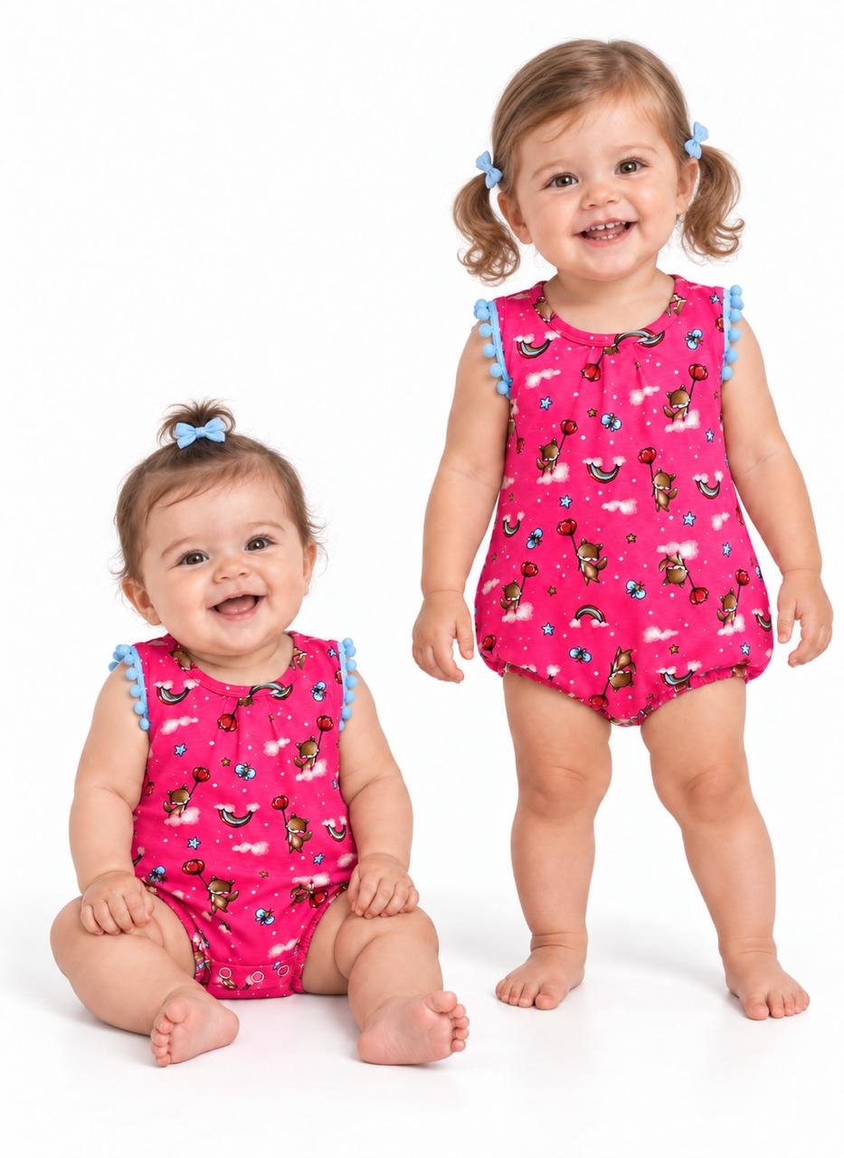 04 jardineira menina verao estampada raposa rosa neon jd kids
